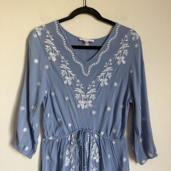 Ivy City Co Blue Floral Embroidered Crepe Maxi Dress Med Cottagecore Modest Boho - Picture 3 of 11